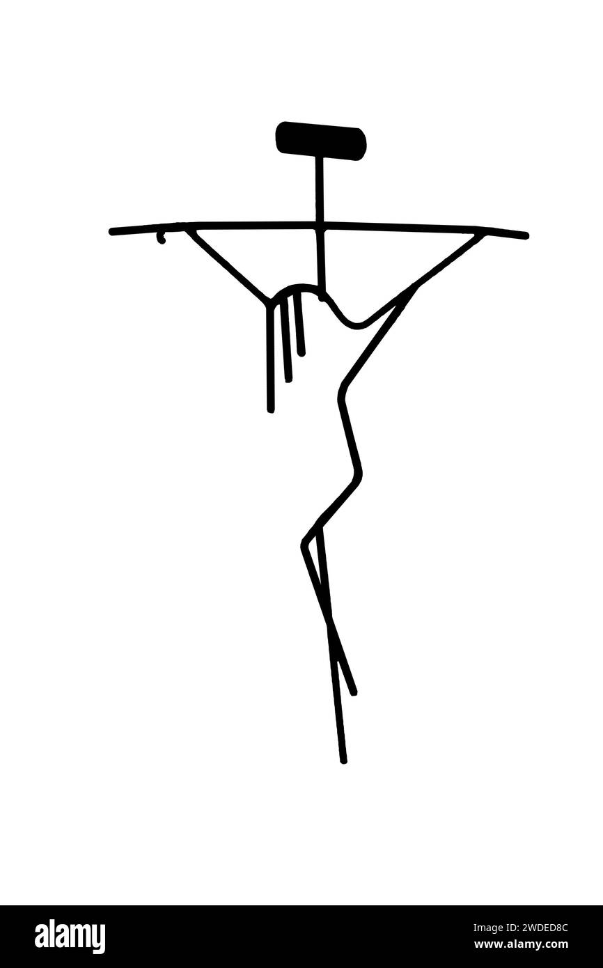 Immagine astratta della crocifissione di Cristo sulla croce sotto forma di sottili linee nere su sfondo bianco come simbolo della fede Foto Stock