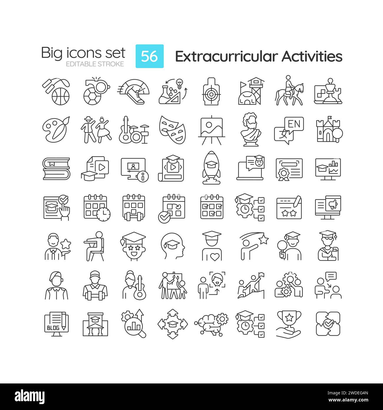 Icone 2D nere grandi per attività extracurriculari Illustrazione Vettoriale