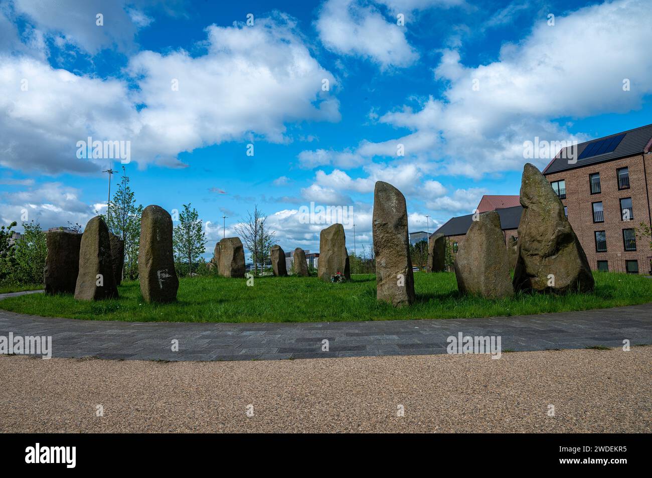Trasferito Sighhill Stone Circle Magalith a Glasgow, Scozia. Foto Stock