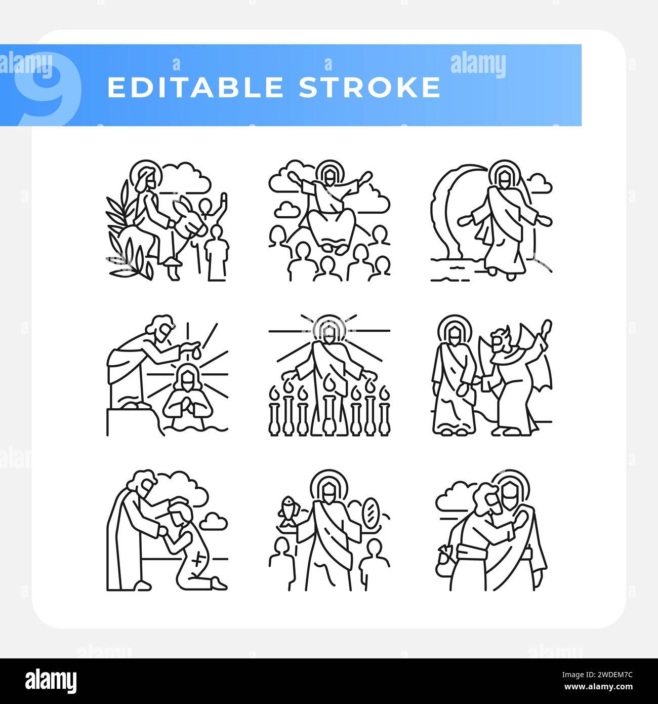 Nuovo set di icone lineari per scene di testamento Illustrazione Vettoriale