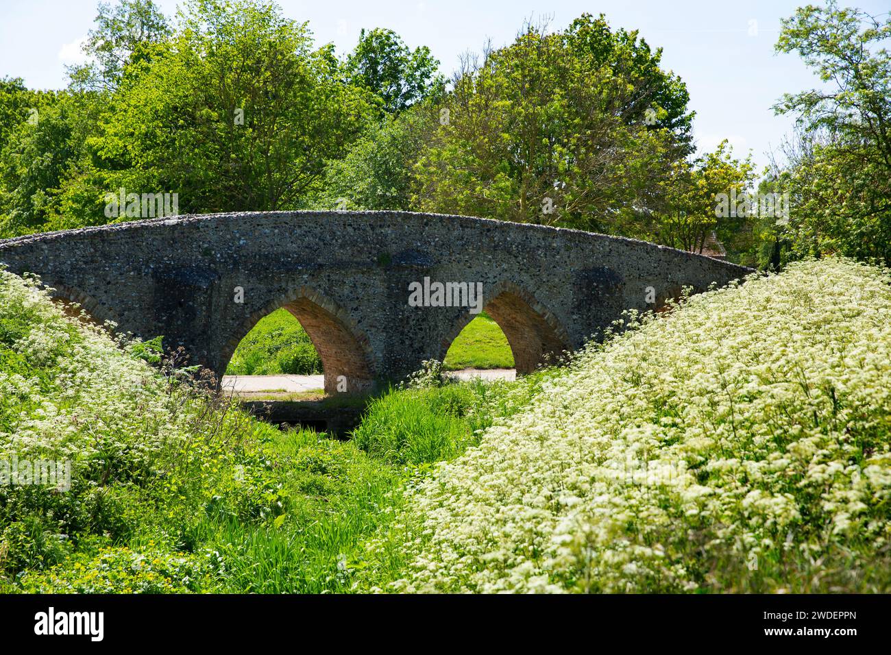 Lo storico Packhorse Bridge del XV secolo con i suoi quattro archi sul fiume Kennett nel villaggio di Moulton, Suffolk Foto Stock