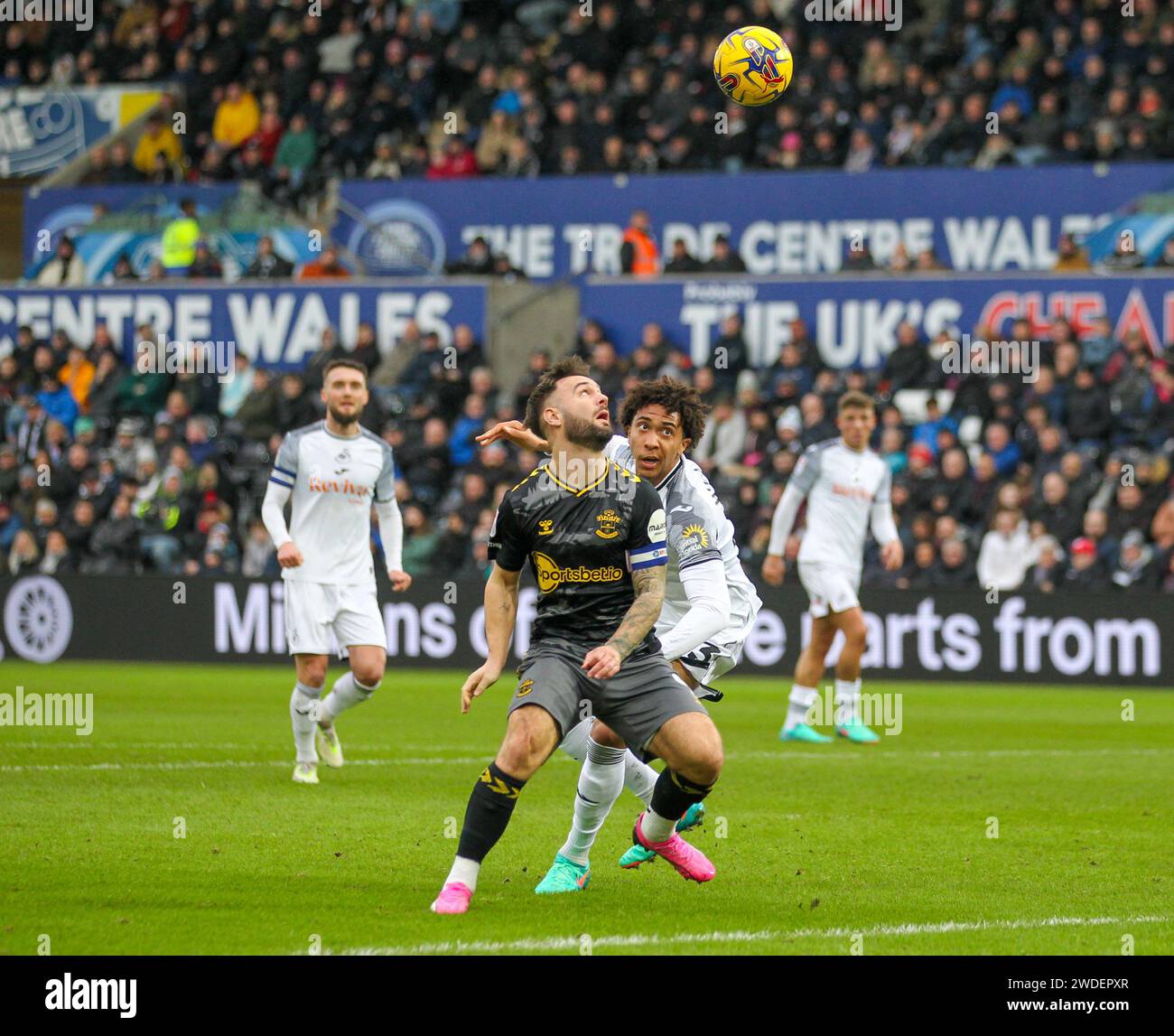 Swansea.com Stadium, Swansea, Regno Unito. 20 gennaio 2024. EFL Championship Football, Swansea City contro Southampton; Adam Armstrong di Southampton controlla la palla sotto la pressione di Bashir Humphreys di Swansea City Credit: Action Plus Sports/Alamy Live News Foto Stock