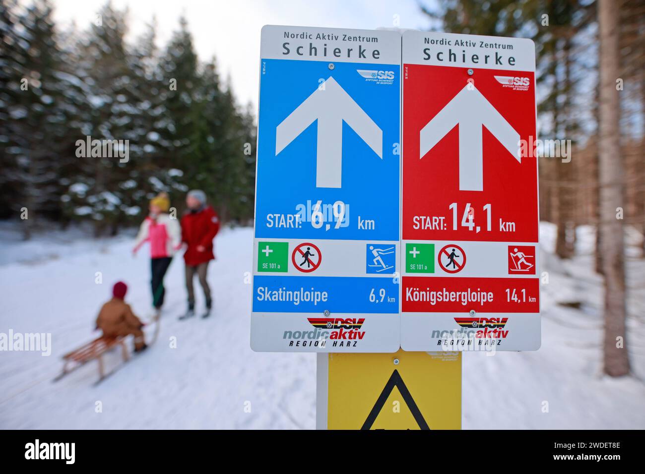 Schierke, Germania. 20 gennaio 2024. La nuova e moderna segnaletica segna i sentieri nelle Harz Mountains. Gli sciatori sono in giro sulla pista di sci di fondo di Schierke. Il resort Harz di Schierke ha visto un afflusso di visitatori sabato. Le condizioni degli sport invernali sono ideali per sciare e slittare. Molti chilometri di sentieri sono curati. Crediti: Matthias Bein/dpa/Alamy Live News Foto Stock