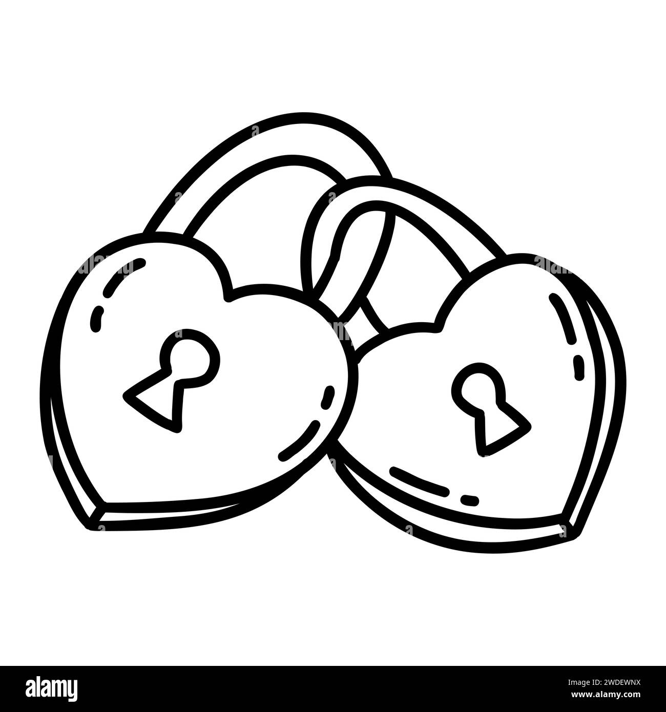 Due chiusure a forma di cuore fissate insieme. Concetto di San Valentino. Illustrazione vettoriale isolata in bianco e nero, disegno a mano, clip a forma di doodle. 14 febbraio Illustrazione Vettoriale