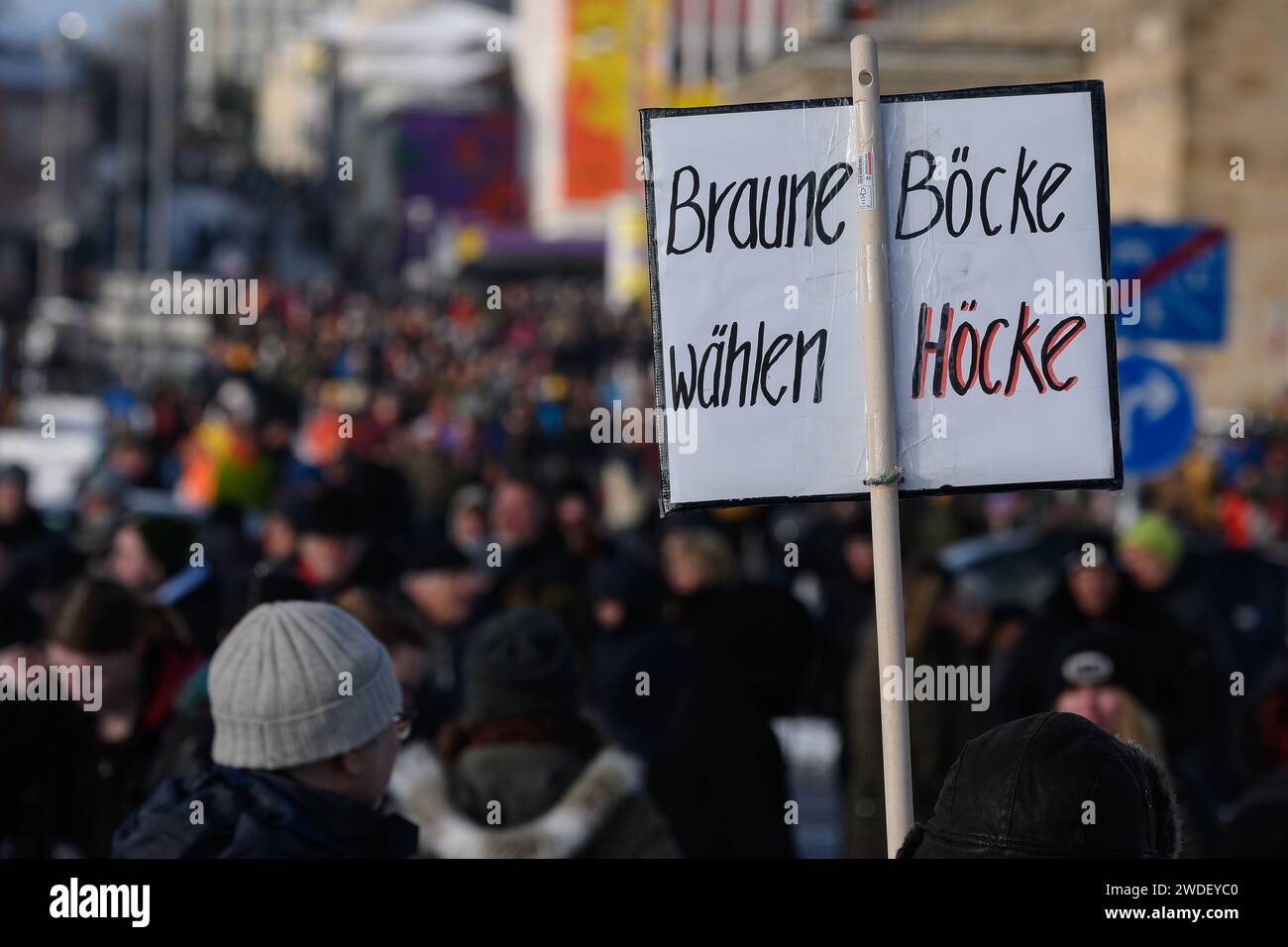Kassel, Germania. 20 gennaio 2024. Un partecipante a una manifestazione contro l'AfD e l'estremismo di destra in Assia porta un poster con l'iscrizione "Braune Böcke wählen Höcke". Credito: Swen Pförtner/dpa/Alamy Live News Foto Stock