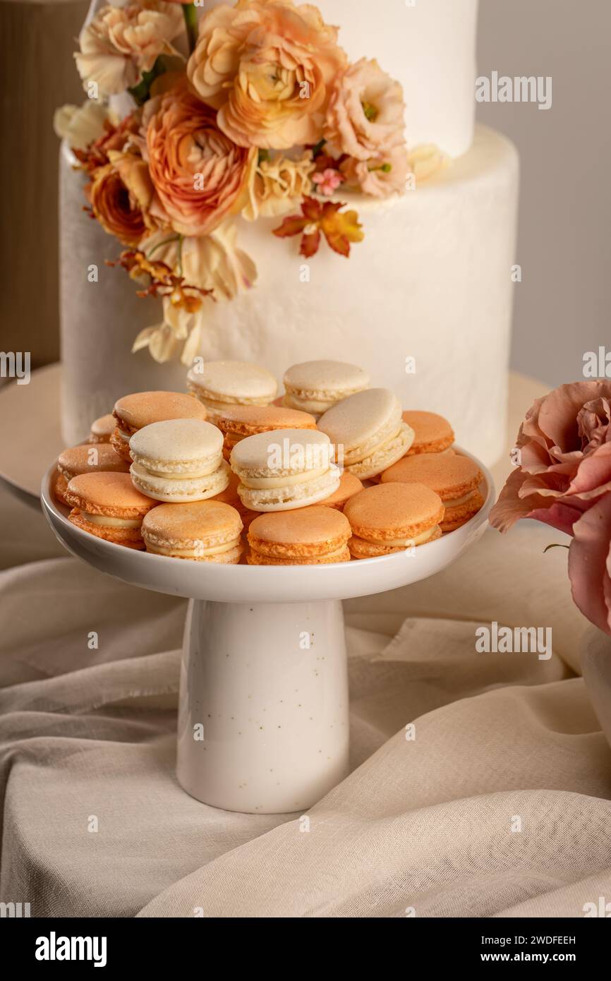 Saporiti macaron dolci. Biscotti a base di sandwich color pastello Foto Stock