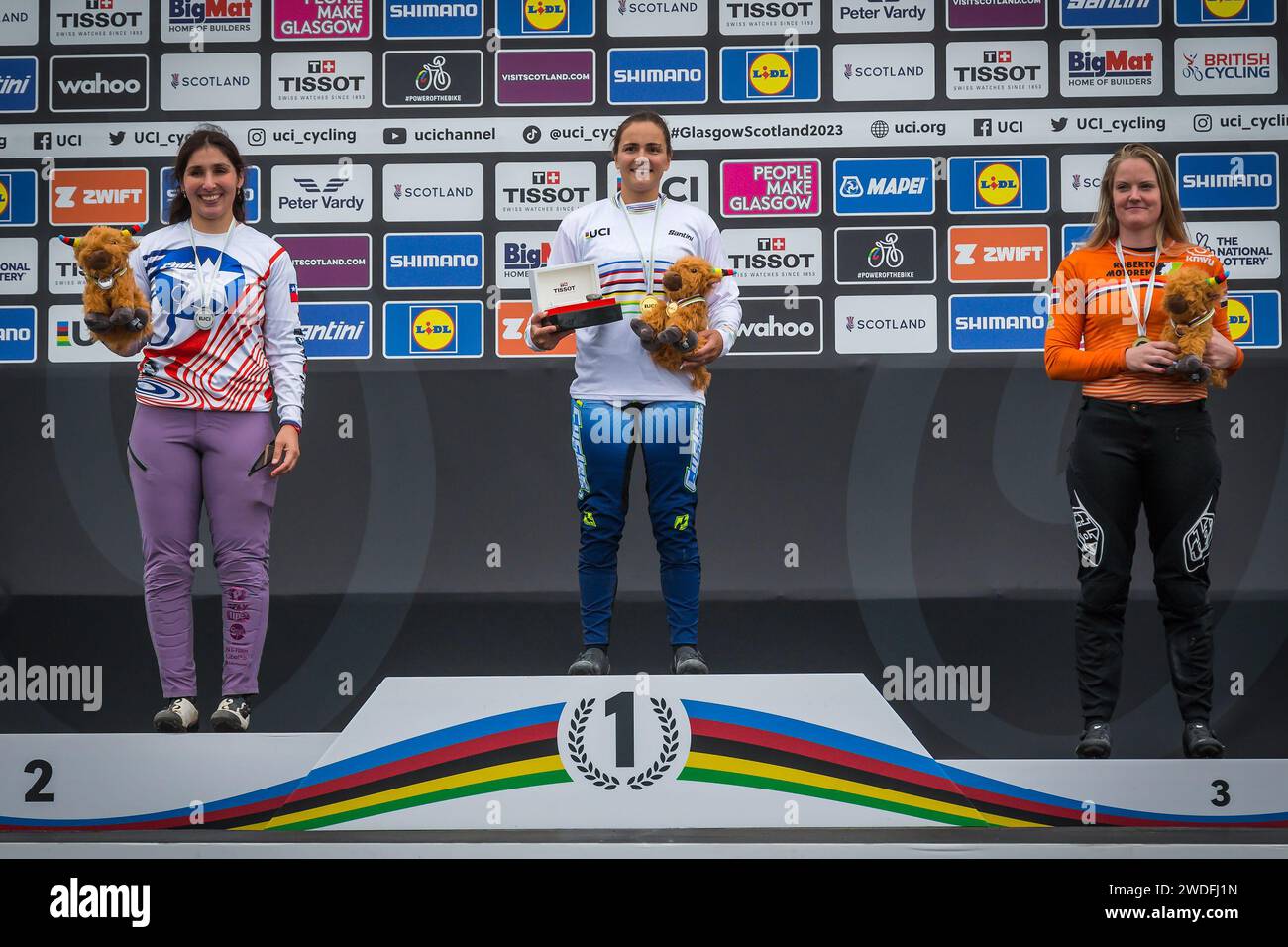 Masters Women podium, 2023 UCI World BMX Racing Championships, Knightswood BMX Centre, Glasgow Foto Stock