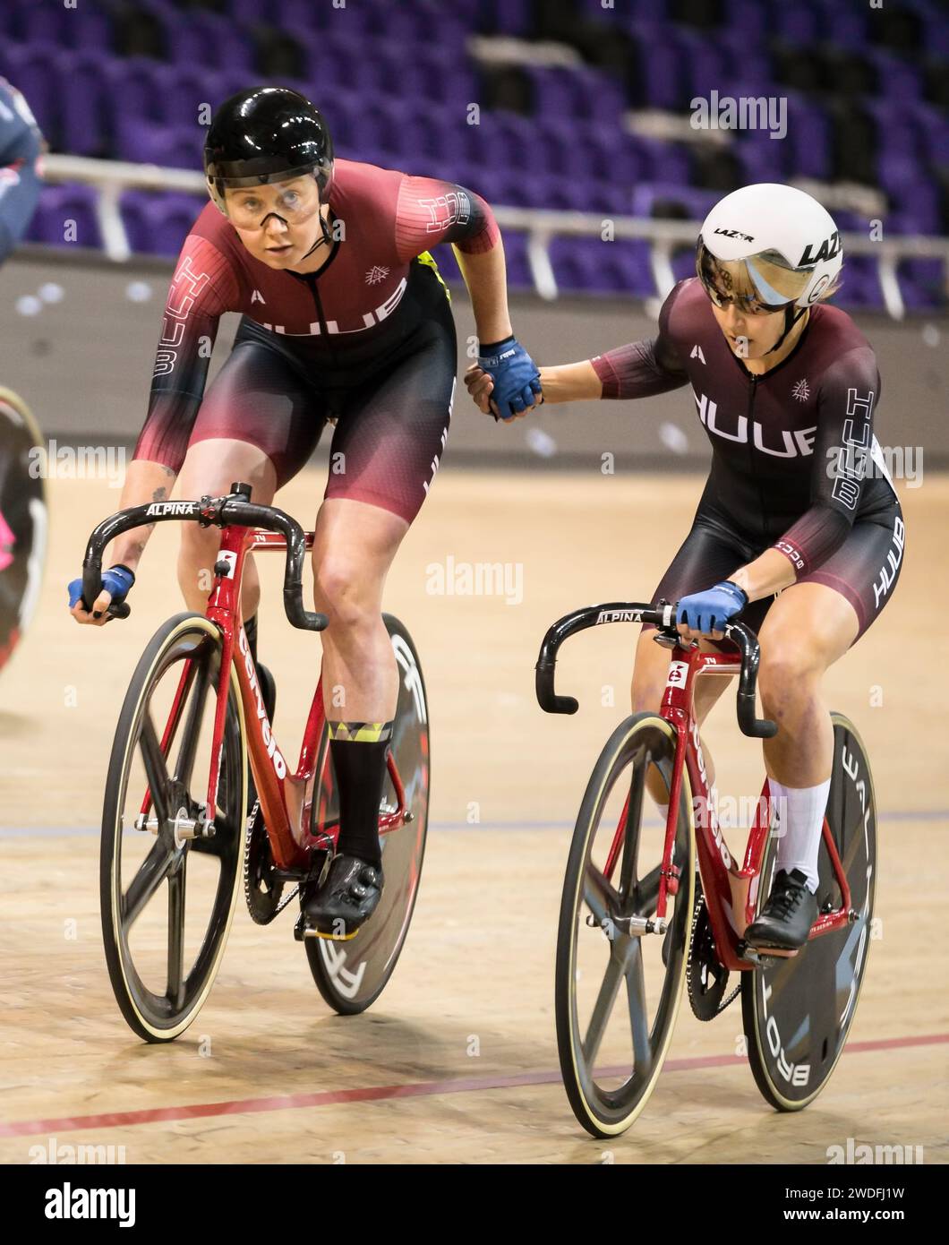 Katie Archibald e Neah Evans ai Campionati scozzesi di Madison del 2019 Foto Stock