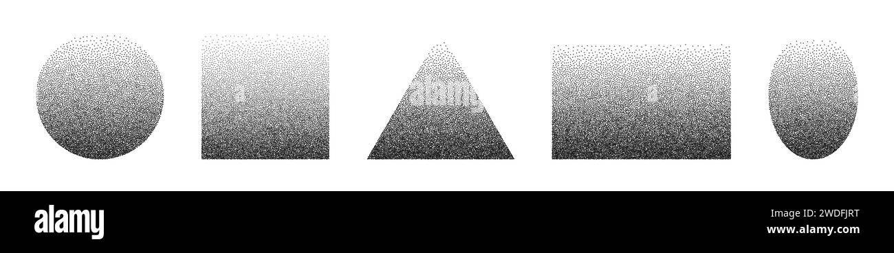 Forme geometriche rumorose. Elementi granulosi da punti con ombra. Insieme vettoriale di elementi isolati su sfondo bianco. Illustrazione Vettoriale