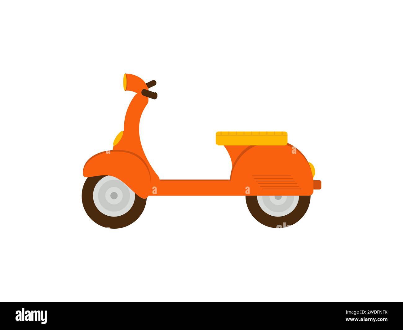 Scooter retrospettivo arancione, vista laterale. Ciclomotore per consegna, scooter per turismo. Trasporto urbano ecologico. Motocicletta a due ruote in un'auto semplice Illustrazione Vettoriale