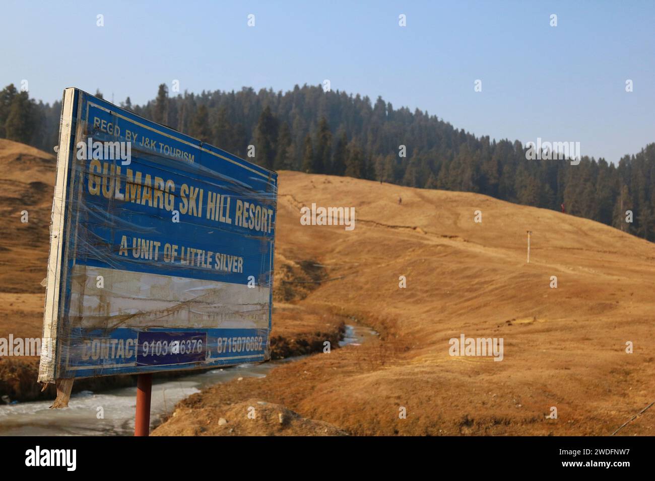 20 gennaio 2024, Srinagar Kashmir, India: Vista delle piste da sci di Gulmarg, a circa 55 km da Srinagar. Il prolungato periodo di secchezza di quest'inverno nella valle del Kashmir ha inferto un duro colpo alla famosa stazione sciistica di Gulmarg. Le piste da sci, un tempo trafficate, sono ormai senza neve e sono motivo di delusione per i turisti e in particolare per gli appassionati di sci. L'assenza di nevicate stagionali ha comportato la cancellazione delle prenotazioni di massa per i proprietari di hotel, con un grave impatto sulle loro attività. Questa battuta d’arresto imprevista sottolinea la vulnerabilità delle economie dipendenti dall’inverno e l’urgente necessità di strategie t Foto Stock