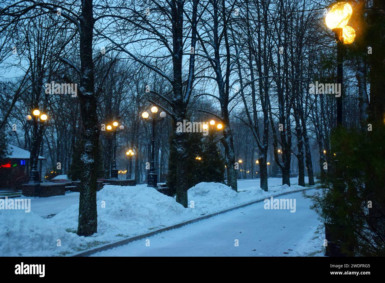 Splendida vista del lago Emerald, con la neve ricoperta e un Lodge di legno che si illumina nelle montagne rocciose e nella pineta d'inverno al parco nazionale di Yoho, British Foto Stock