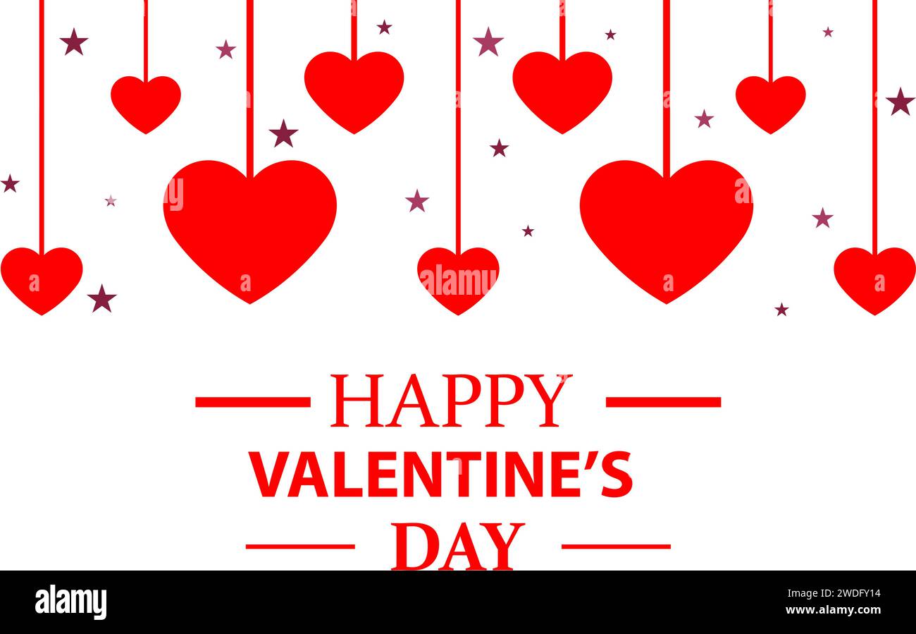Sfondo tipografico per la celebrazione di San Valentino. Hanging Red Hearts Confetti decorativo festoso sfondo romantico saluto amici e familiari. Illustrazione Vettoriale