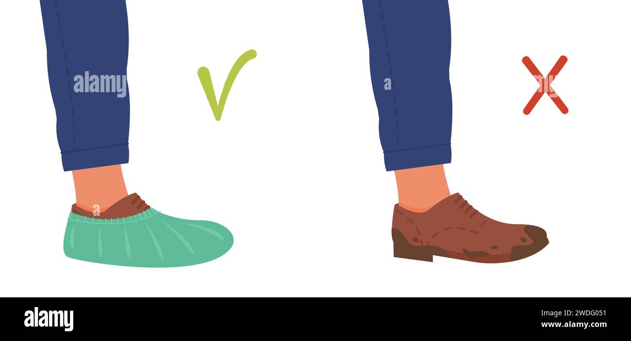 Copriscarpe monouso su stivali e scarpa fangosa sporca. Avviso per la clinica o l'ospedale. È vietato indossare scarpe non pulite con banner o poster. Illustr. Vettoriale piatto Illustrazione Vettoriale