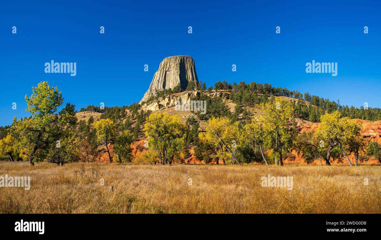 Monumento nazionale della Devils Tower con colori autunnali, vicino a Sundance, Wyoming, Stati Uniti. Foto Stock