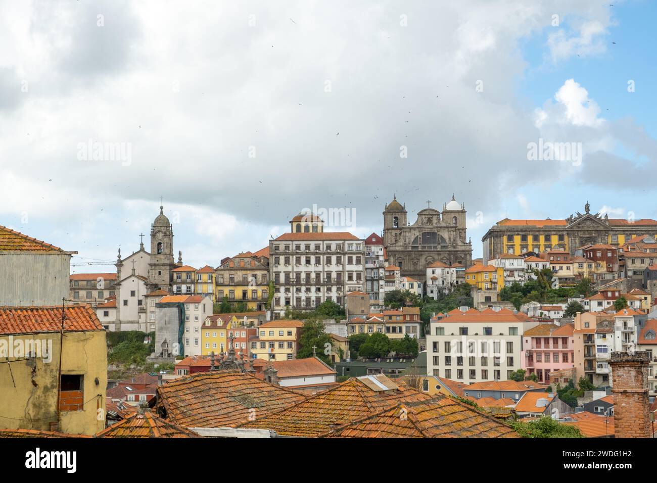 Porto, Portogallo - 17 settembre 2023. Vista della città vecchia e della Torre di Clerigos. Giorno nuvoloso. Foto Stock