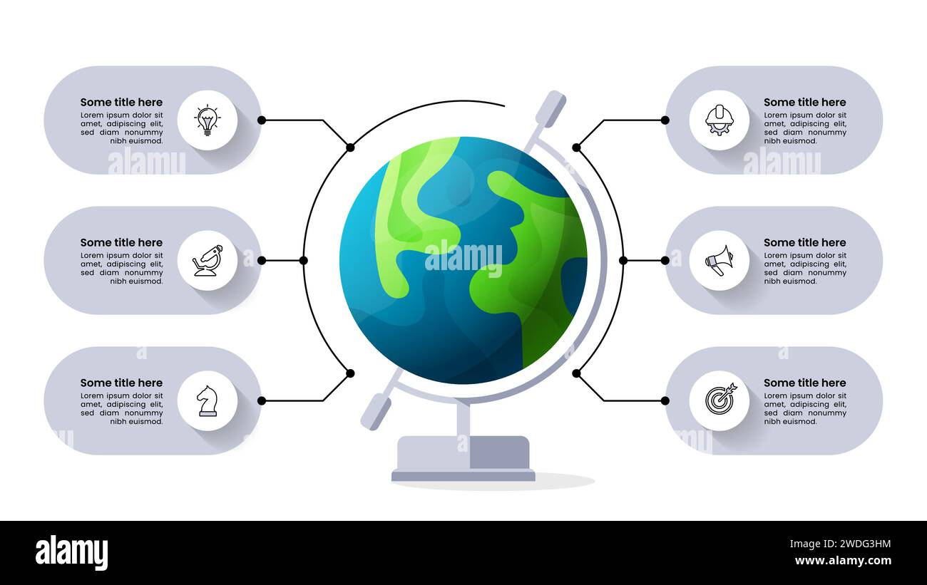 Modello infografico con icone e 6 opzioni o passaggi. Globo. Può essere utilizzato per layout del flusso di lavoro, diagrammi, banner, webdesign. Illustrazione vettoriale Illustrazione Vettoriale