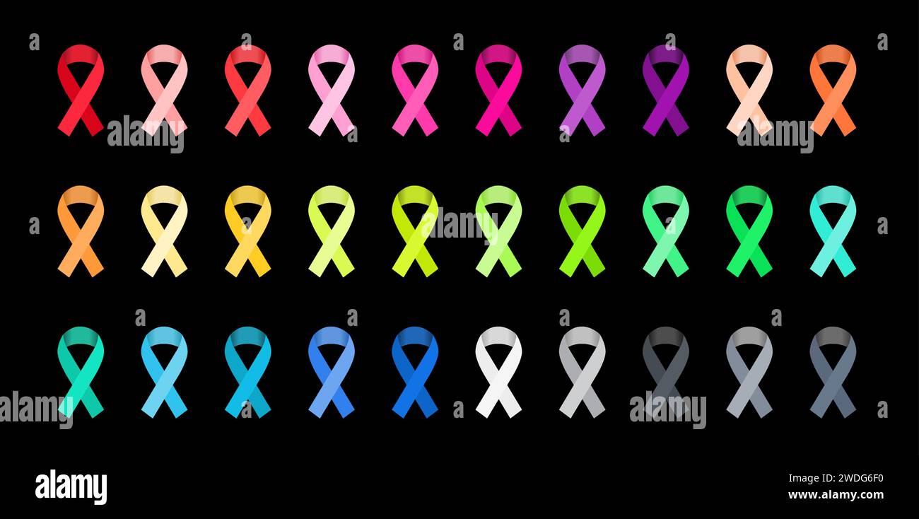 Set di icone semplici per la consapevolezza della barra multifunzione. Nastri vettoriali isolati colorati cause Awareness. Illustrazione Vettoriale