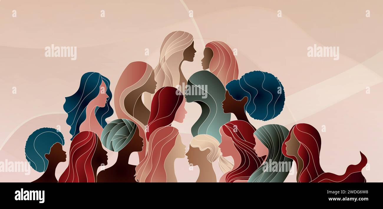 Silhouette di gruppo di donne multiculturali. Giornata internazionale delle donne. Diversità - inclusione - concetto di uguaglianza o empowerment. Contro il razzismo Illustrazione Vettoriale