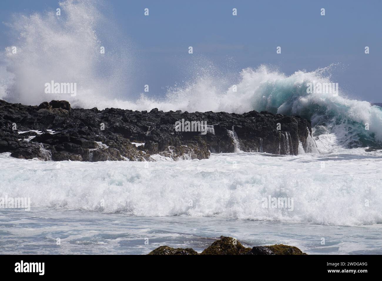 primo piano sulle onde che si infrangono sull'isola tropicale di la Réunion, in Francia Foto Stock