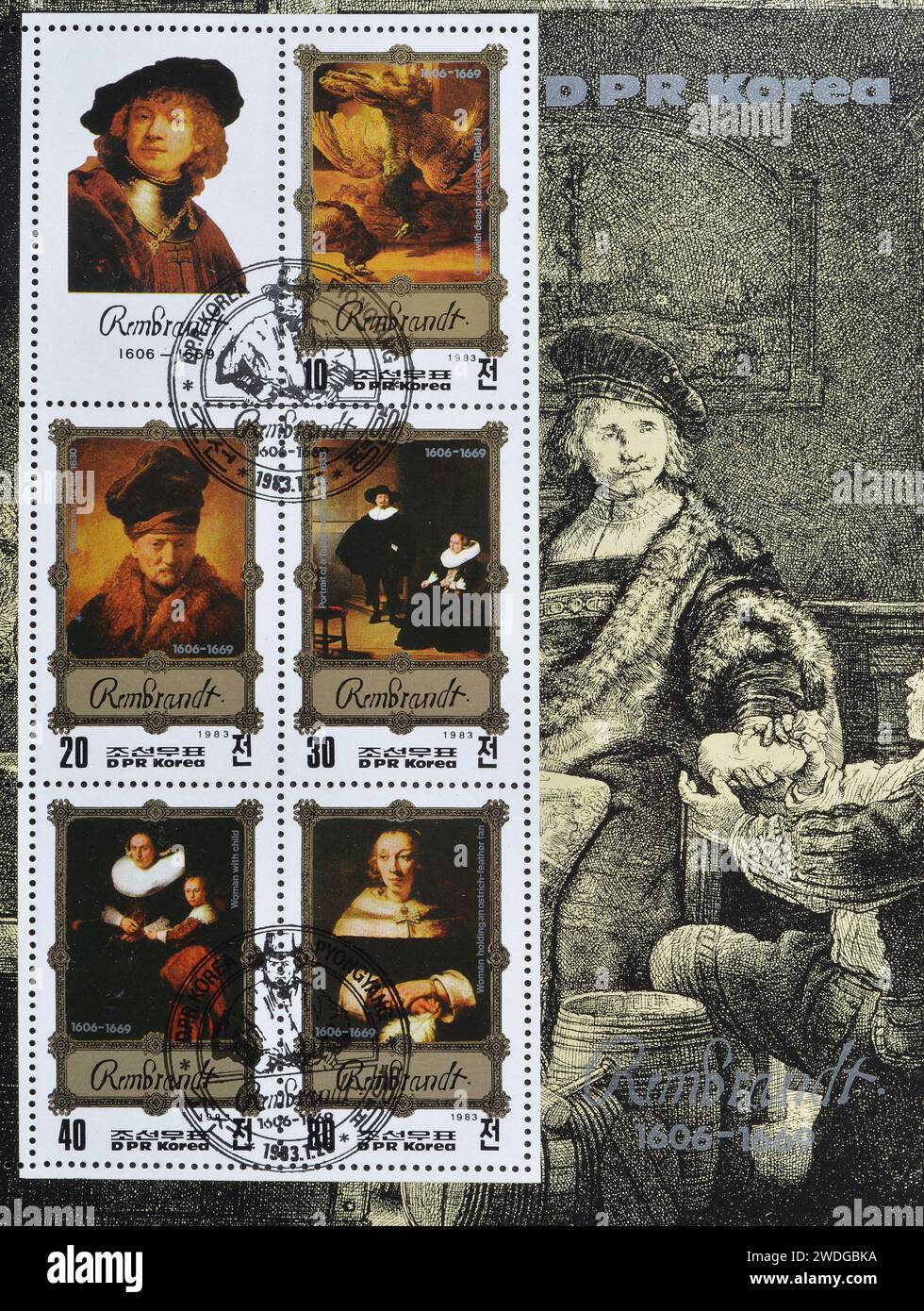 Foglio ricordo con francobollo annullato stampato dalla Corea del Nord, che mostra dipinti di Rembrandt, intorno al 1983. Foto Stock