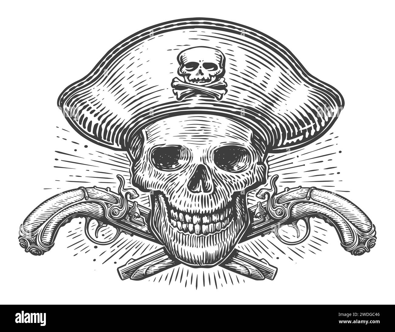 Teschio pirata in cappello a cocco e pistole a pietra focaia incrociate. Jolly Roger con le pistole. Illustrazione vettoriale vintage disegnata a mano Illustrazione Vettoriale