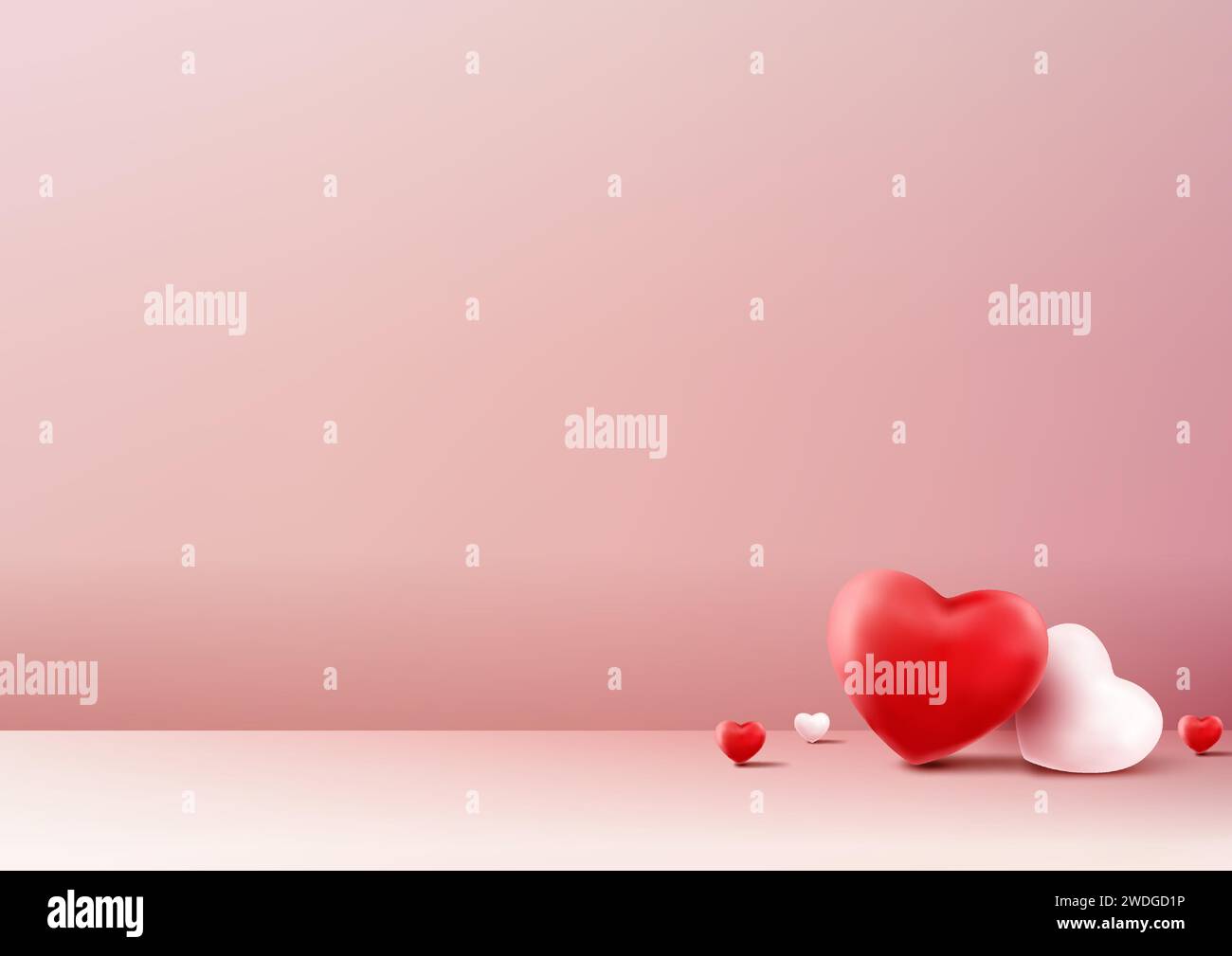 Il modello 3D di San Valentino è caratterizzato da realistici cuori rossi e bianchi su un morbido sfondo rosa. Illustrazione vettoriale Illustrazione Vettoriale