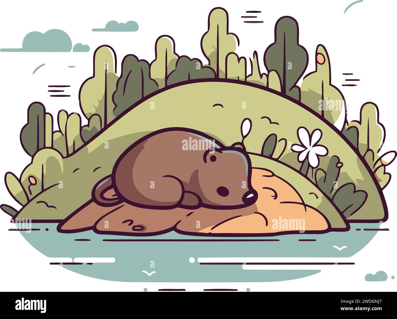 Grazioso castoro sdraiato sull'erba nella foresta. Illustrazione vettoriale. Illustrazione Vettoriale