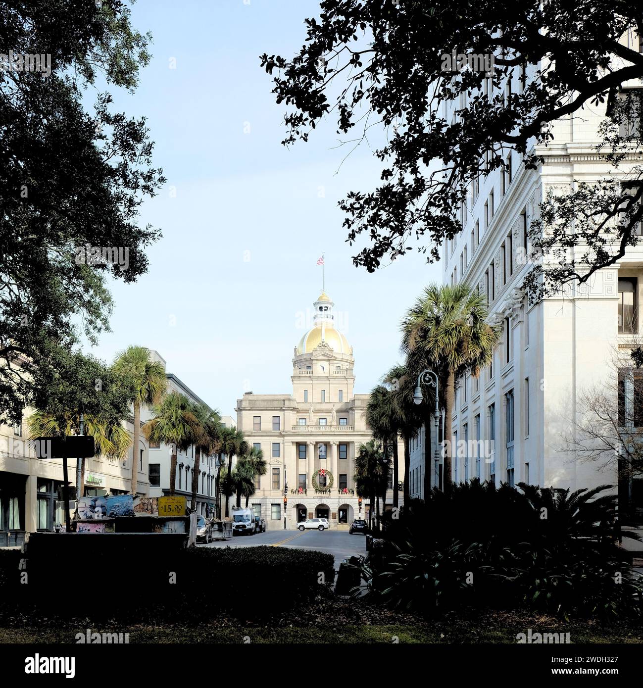 Storica Savannah, Georgia City Hall, progettata dall'architetto Hyman Witcover; torre dell'orologio, cupola dorata, bandiera degli Stati Uniti; aperta nel 1906. Foto Stock