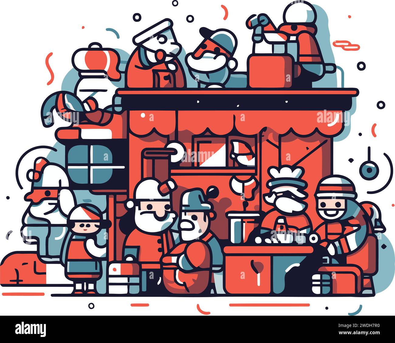 Babbo Natale e la sua famiglia al mercatino di Natale. Illustrazione vettoriale. Illustrazione Vettoriale