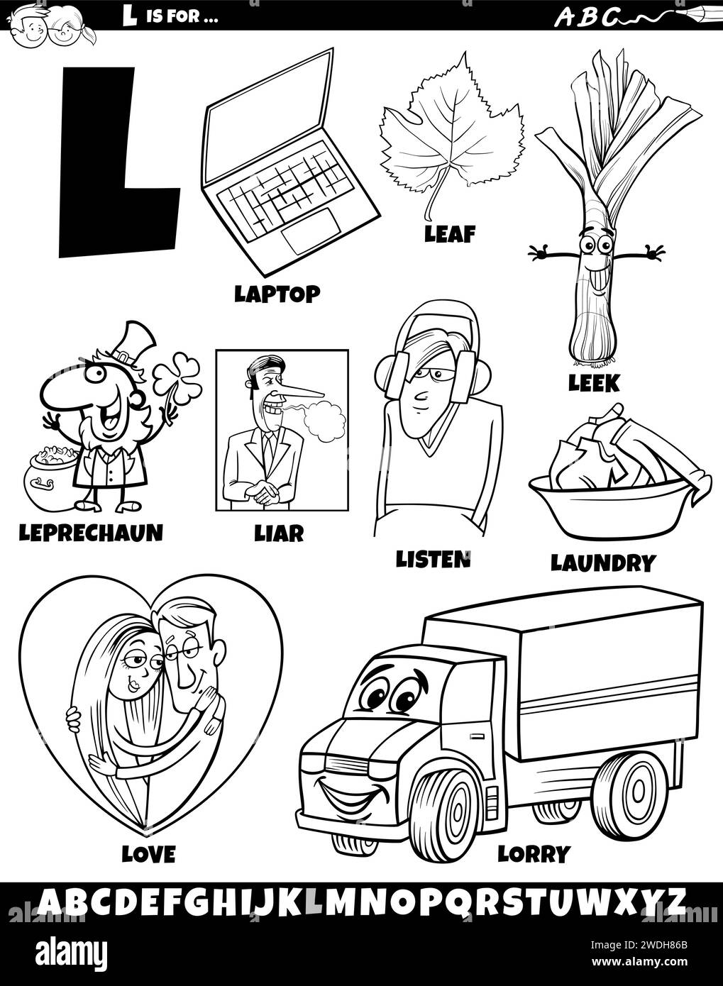Illustrazione del cartone animato di oggetti e caratteri impostati per la pagina di colorazione Letter L. Illustrazione Vettoriale
