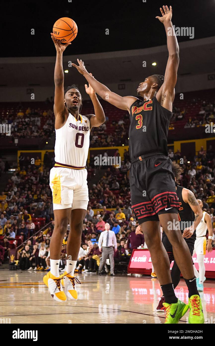 Arizona State Sun Devils guardia Kamari Lands (0) tenta un tiro nella prima metà della partita di basket NCAA contro USC Trojans a Tempe, Arizona, sabato 20 gennaio 2024. Arizona State sconfisse USC 82-67. (Thomas Fernandez/immagine dello sport) Foto Stock