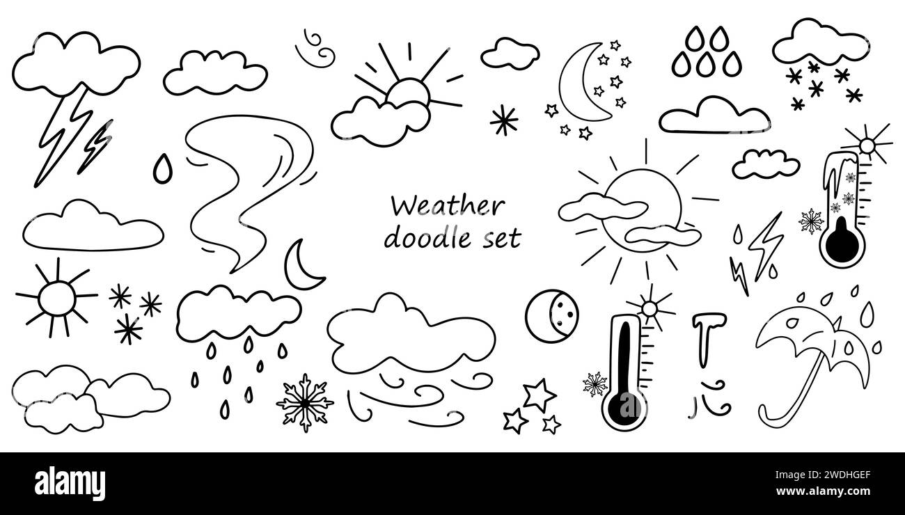 Set di icone meteo stile doodle Illustrazione Vettoriale