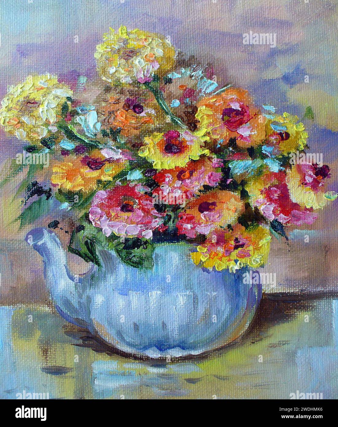 Pittura d'arte originale fiore di petali di colore olio in vaso Foto Stock