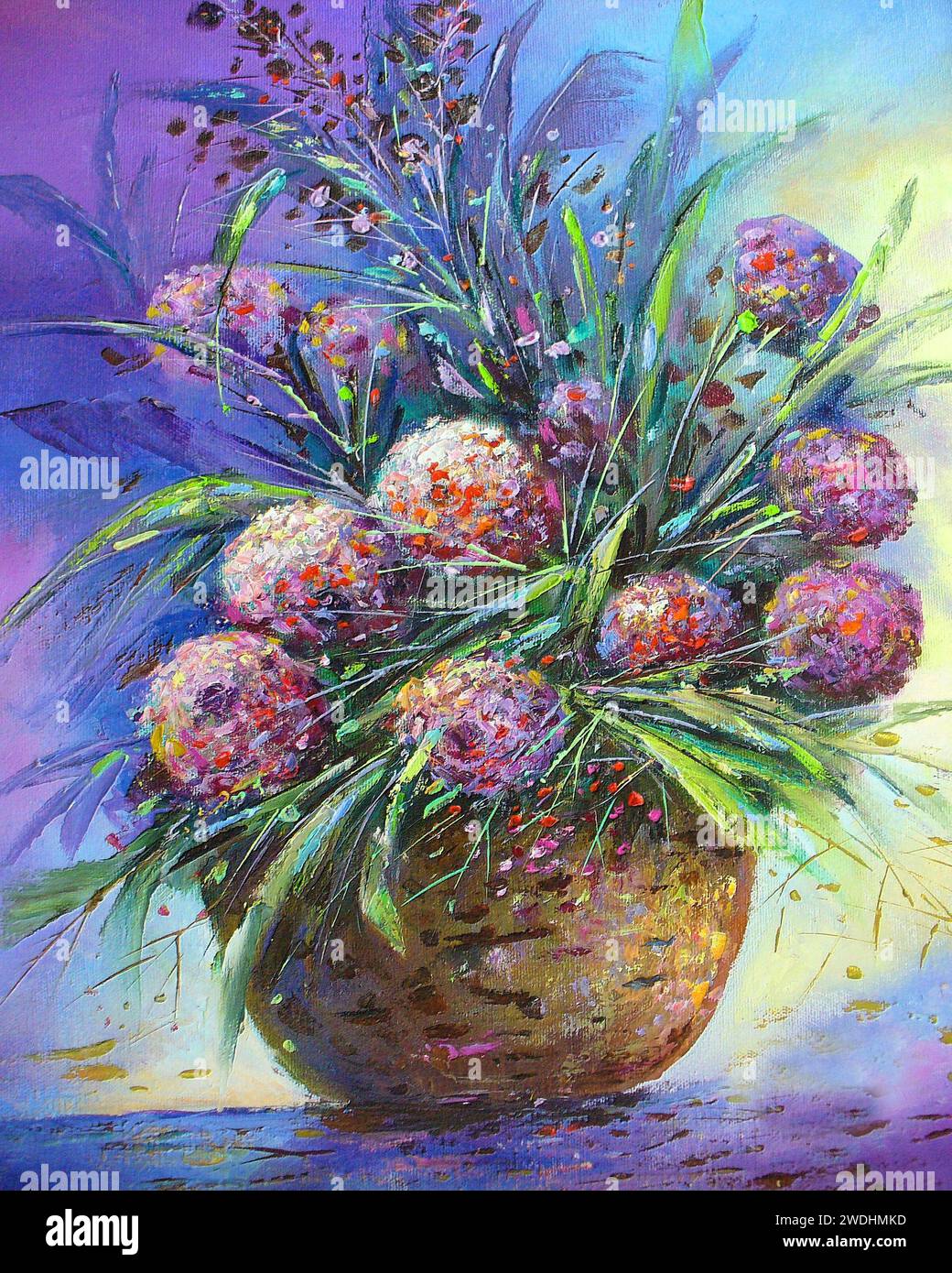 Pittura d'arte originale fiore di petali di colore olio in vaso Foto Stock