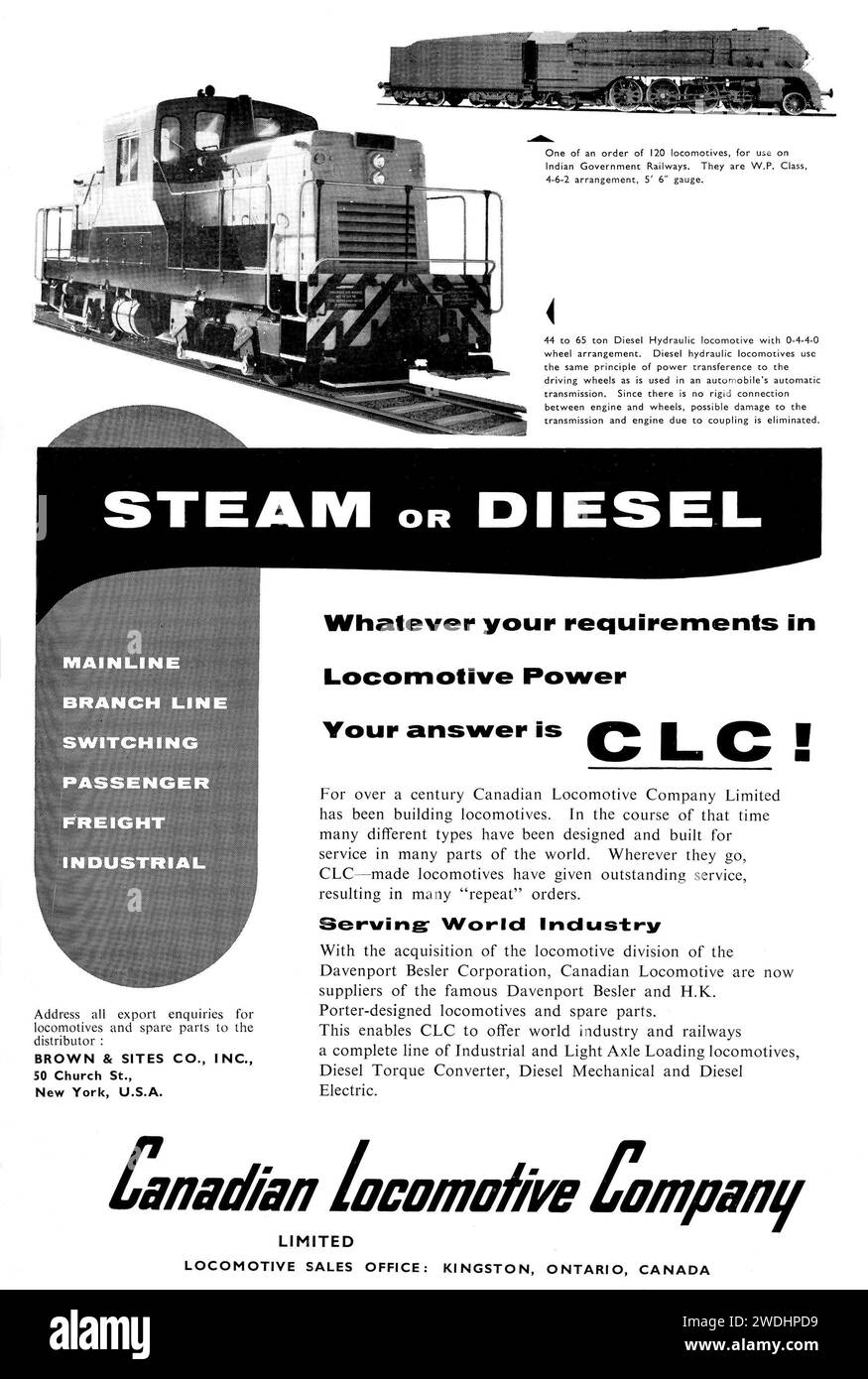 Annuncio d'epoca degli anni '1960 per locomotive ferroviarie a vapore e diesel Canadian Locomotive Company prodotte in Canada Foto Stock