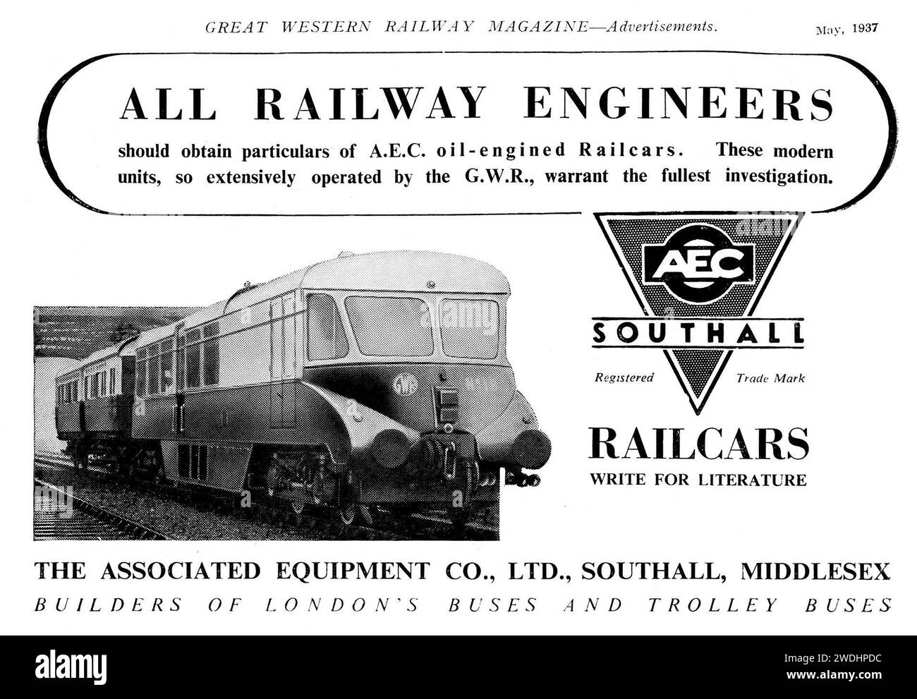Spot vintage anni '1930 per vagoni ferroviari diesel AEC prodotti a Southall, Gran Bretagna Foto Stock