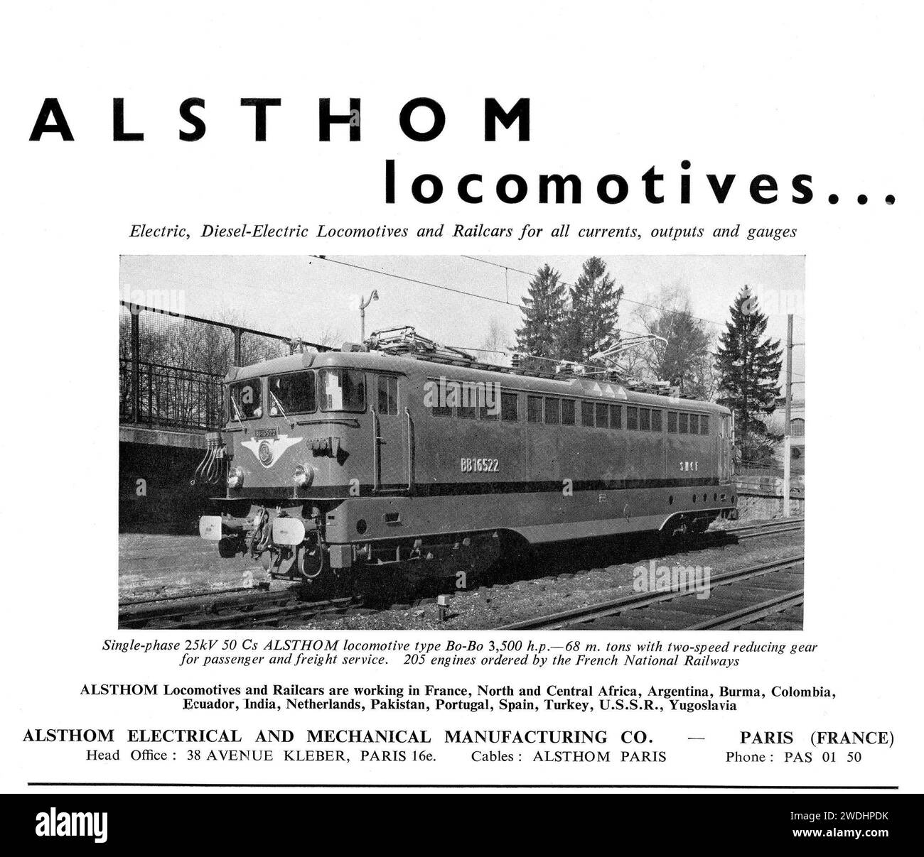 Annuncio vintage anni '1960 per locomotive Alsthom prodotte in Francia Foto Stock
