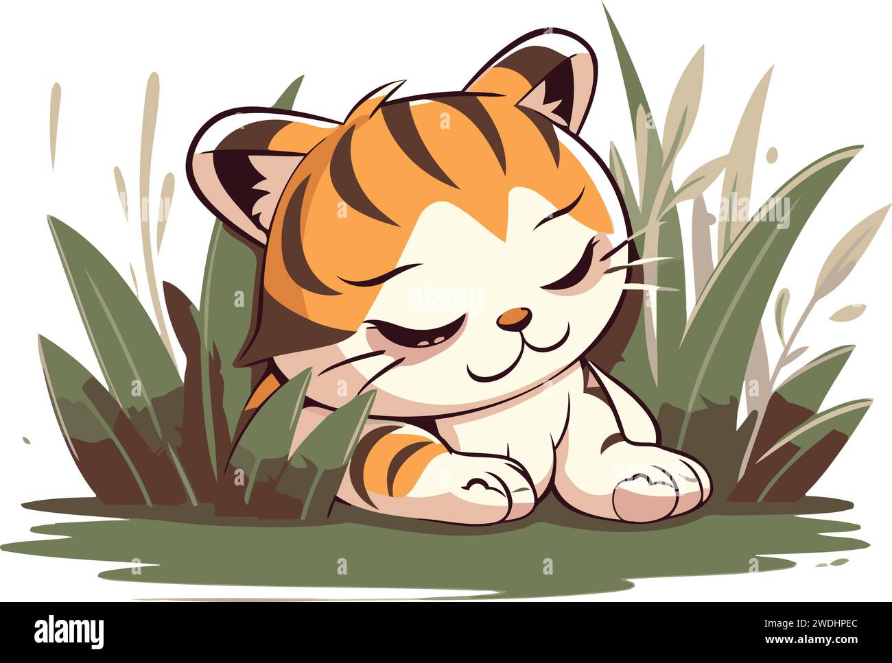 Carina tigre dei cartoni animati che giace nell'erba. Illustrazione vettoriale su sfondo bianco. Illustrazione Vettoriale