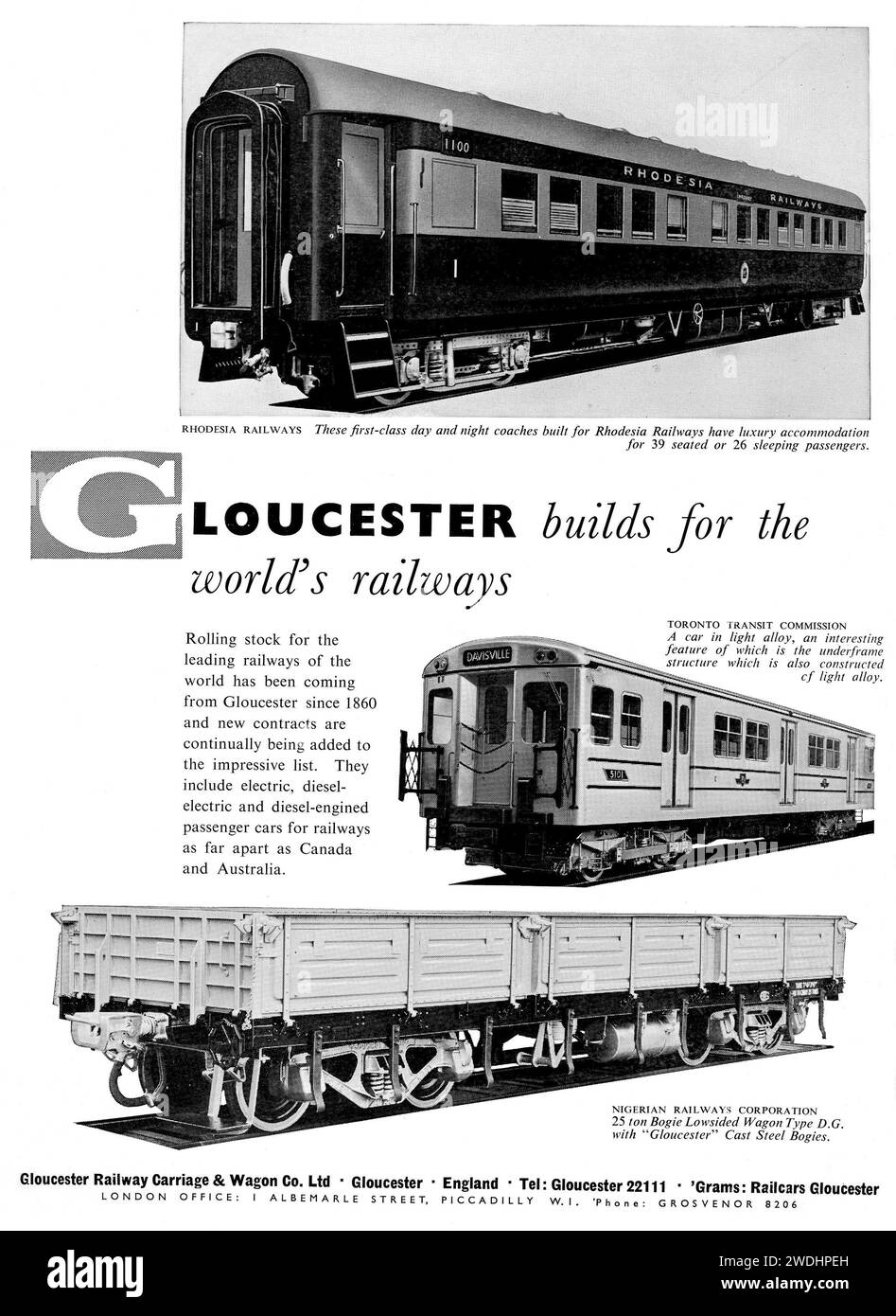 Annuncio vintage anni '1960 per il materiale rotabile Gloucester Carriage and Wagon Railway prodotto in Gran Bretagna Foto Stock