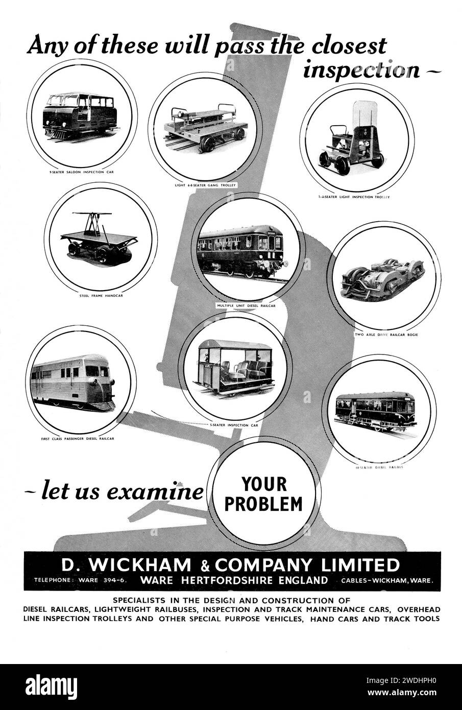 Annuncio vintage anni '1960 per le automotrici Wickham e i carrelli per la manutenzione dei binari prodotti in Gran Bretagna Foto Stock
