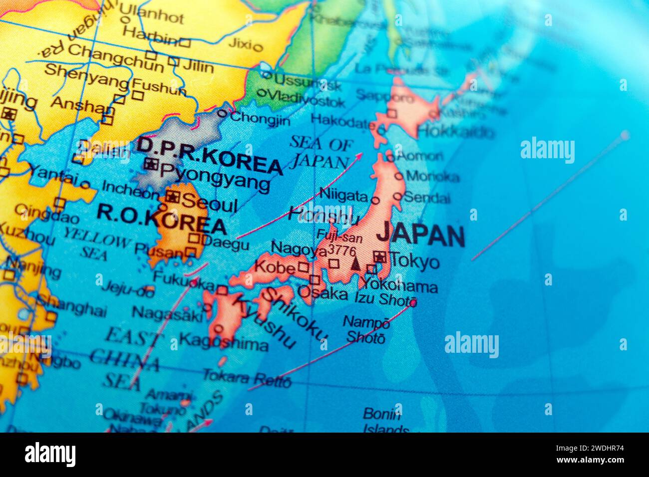 mappa mondiale del giappone, della corea del sud e del confine con la corea del nord Foto Stock