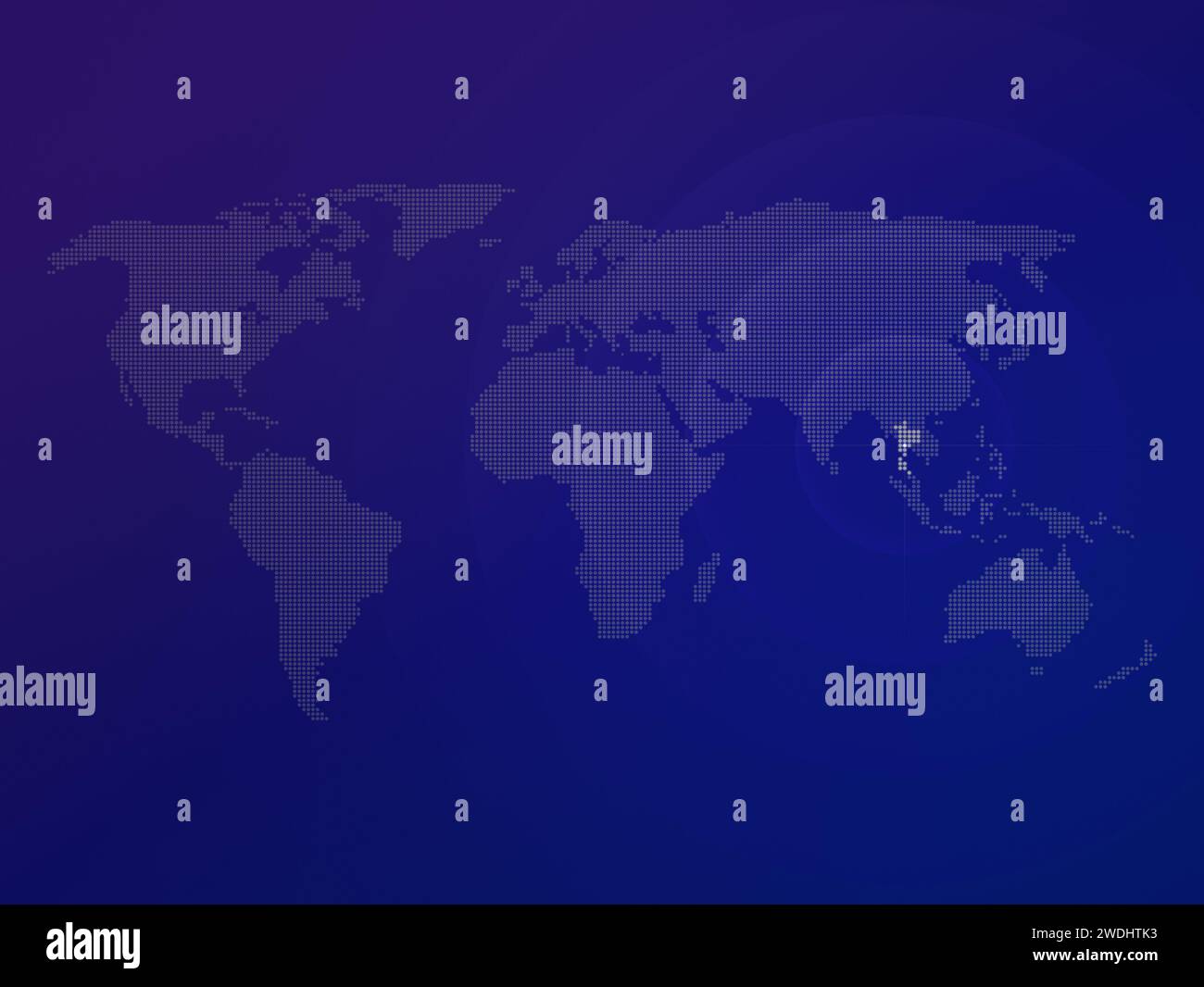 Mappa del mondo a mezzitoni punteggiata con il paese della Thailandia evidenziato. Mappa del mondo moderna e pulita su sfondo blu sfumato. Foto Stock