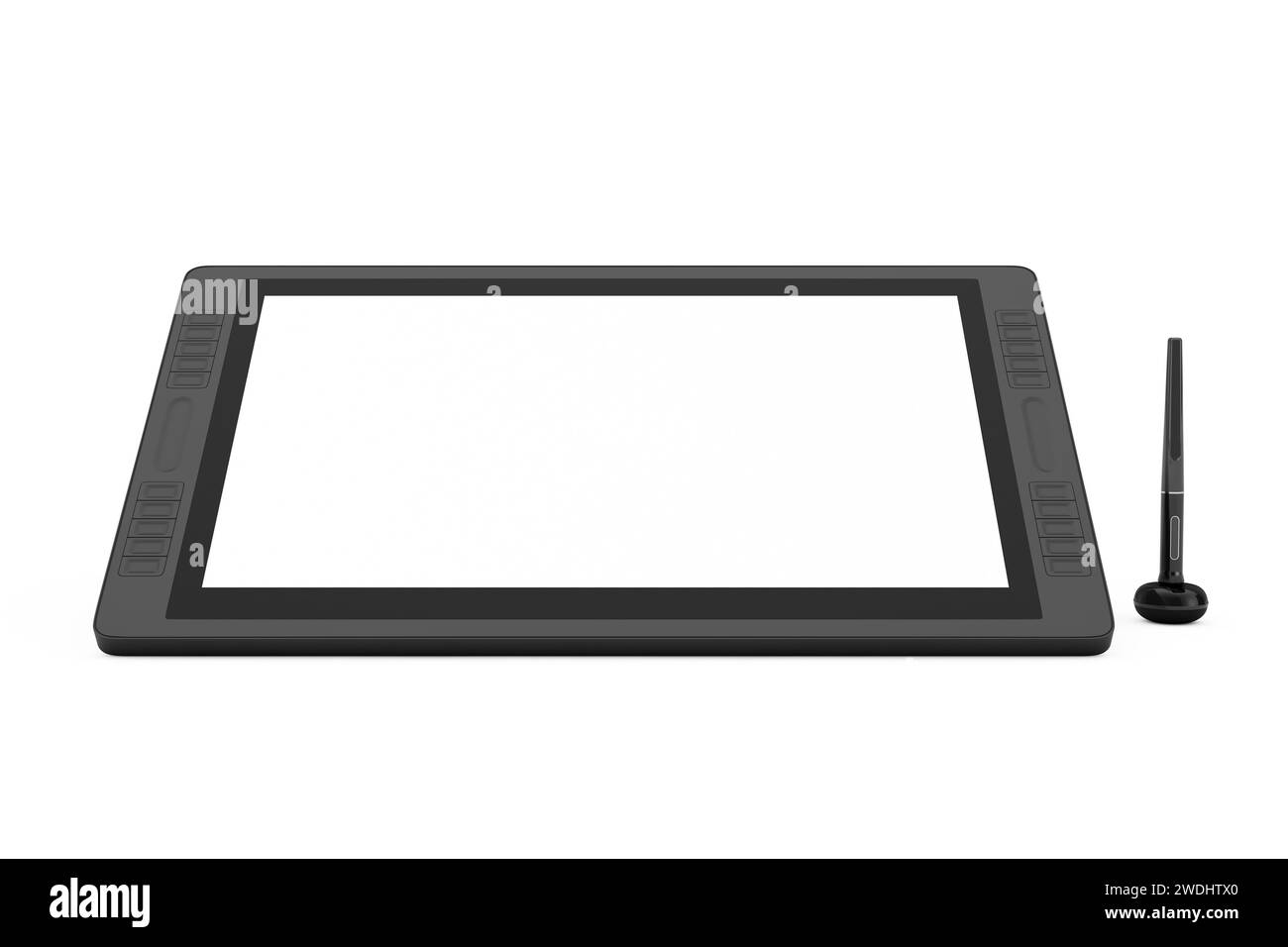 Monitor tablet per disegno grafico digitale di grandi dimensioni con penna e schermo vuoto per il tuo progetto su sfondo bianco. Rendering 3D. Foto Stock