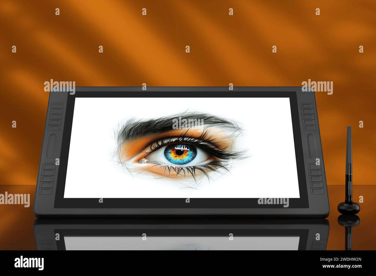 Monitor tablet per disegno grafico digitale di grandi dimensioni con penna e disegno astratto di un occhio femmina dai colori vivaci su sfondo arancione. Rendering 3d. Foto Stock