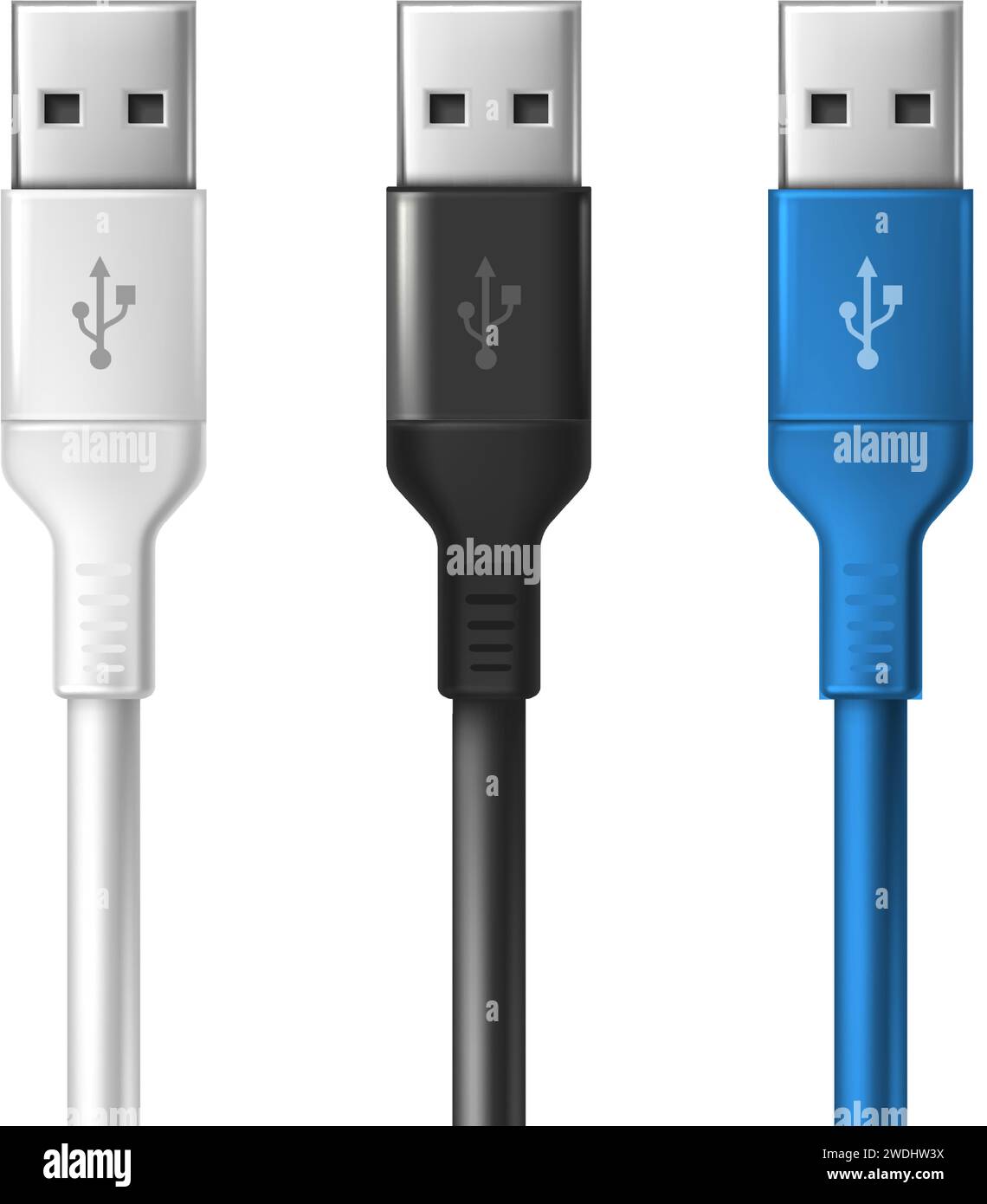 icona vettoriale realistica. Set di modelli di cavi USB bianchi, neri e blu. Isolato su sfondo bianco. Illustrazione Vettoriale