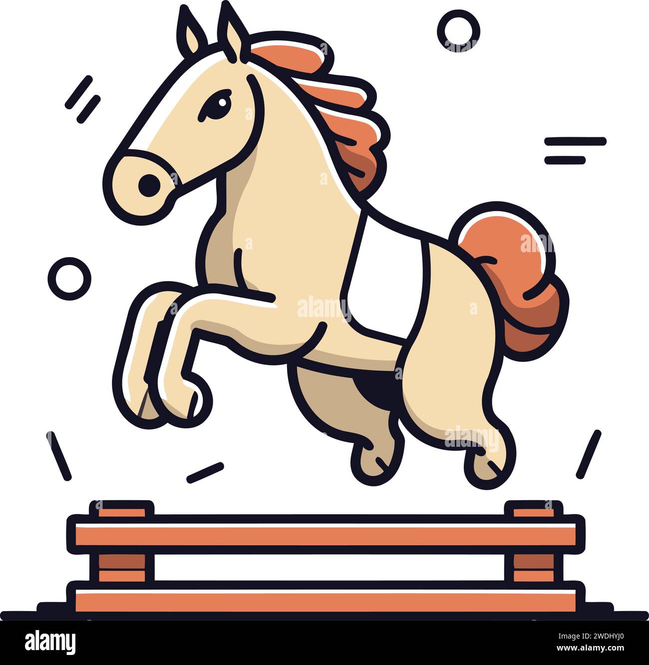 Cavallo che salta su una piattaforma di legno. Illustrazione vettoriale in stile line art. Illustrazione Vettoriale