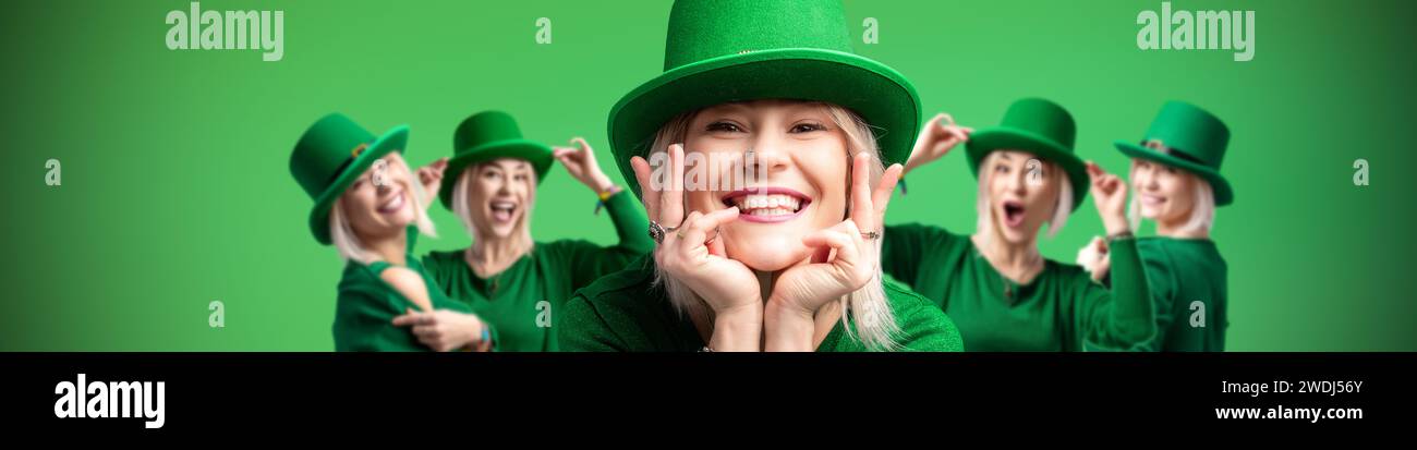St Patrick's Day. La ragazza di Сheerful, adornata con un cappello in leprecaun e un maglione verde, celebra St Patrick's Day. Sullo sfondo, lo stesso gioioso scen Foto Stock