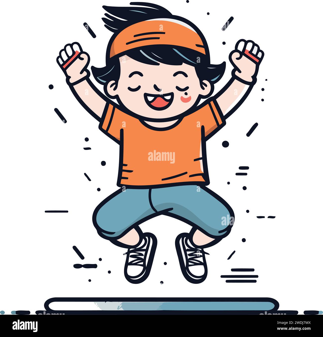 Un bambino felice che salta e si diverte. Illustrazione grafica vettoriale. Illustrazione Vettoriale