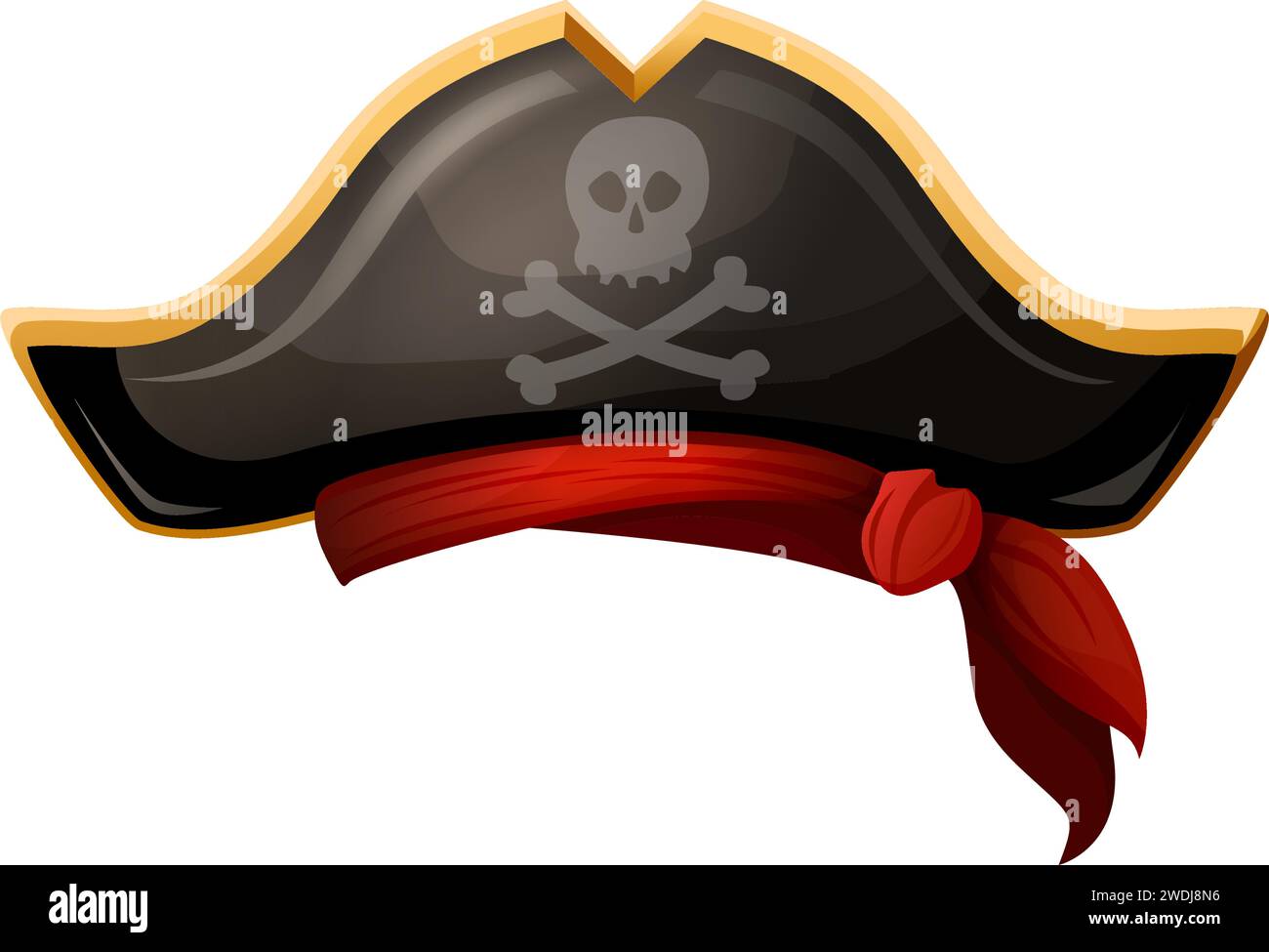 illustrazione dell'icona stile cartone animato. Cappello pirata nero con sceleton. Isolato su sfondo bianco. Illustrazione Vettoriale